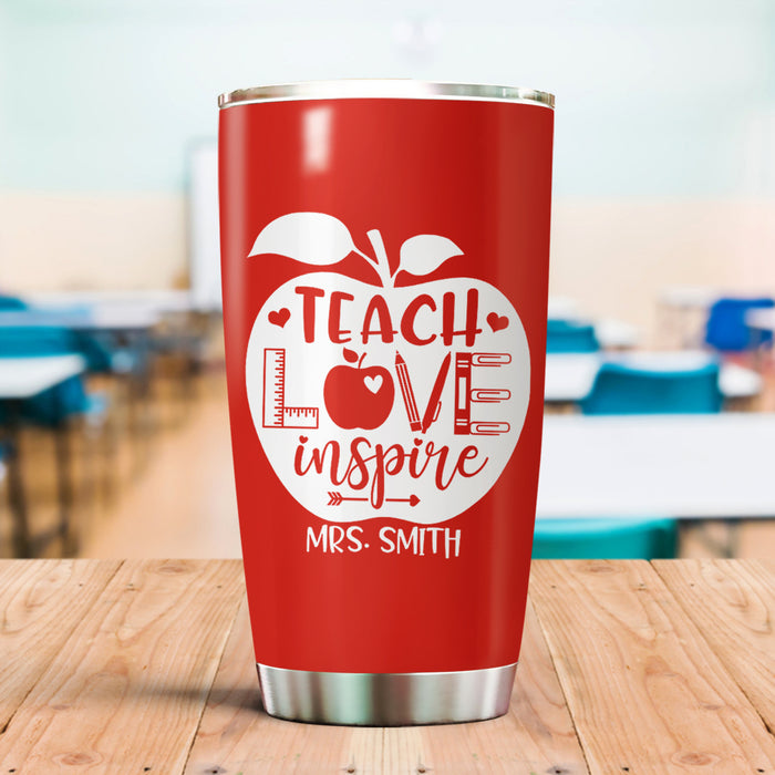 Personalized Tumbler For Teacher Teach Love Inspire Red Apple 20oz Travel Cup Custom Name Gifts For Back To School