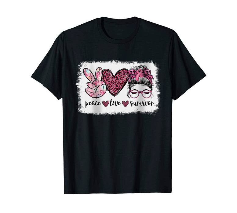 Breast Cancer Awareness T-Shirt For Girls Women Leopard Peace Love Survivor Shirt For Cancer Support Inspirational Gifts