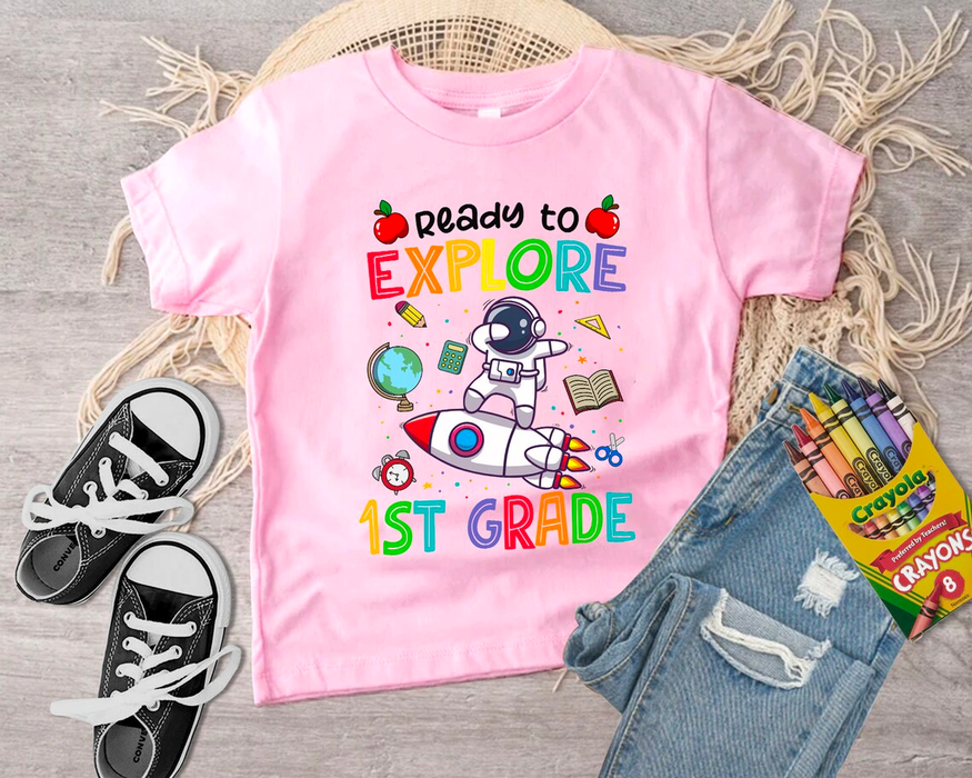 Personalized T-Shirt For Kid Ready To Explore Astronaut & Space Ship Print Custom Name Back To School Outfit