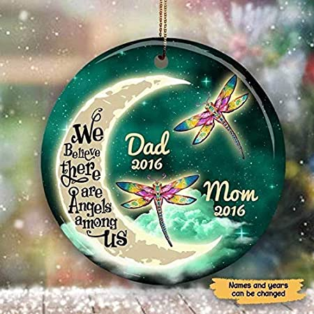 Personalized Memorial Ornament For Dad Mom In Heaven Dragonfly Moon Angles Between Us Custom Name Keepsake Gifts