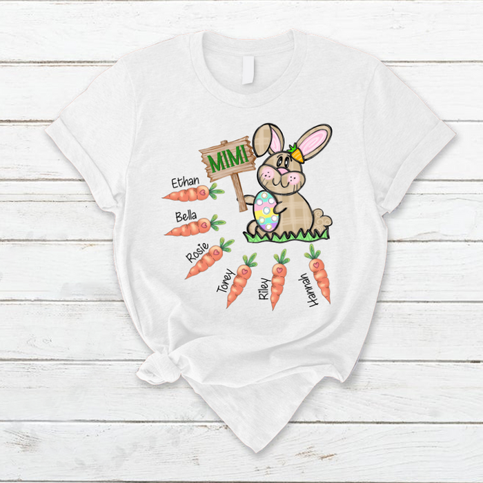 Personalized T-Shirt For Grandma Mimi Bunny With Easter Egg & Carrot Printed Custom Grandkids Name Easter Day Shirt