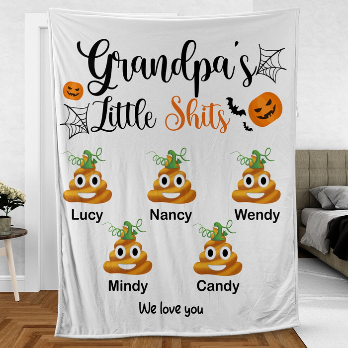 Personalized Fleece Blanket Grandpa's Little With Pumpkin Spiderweb Printed Custom Grandkids Name Halloween Blanket