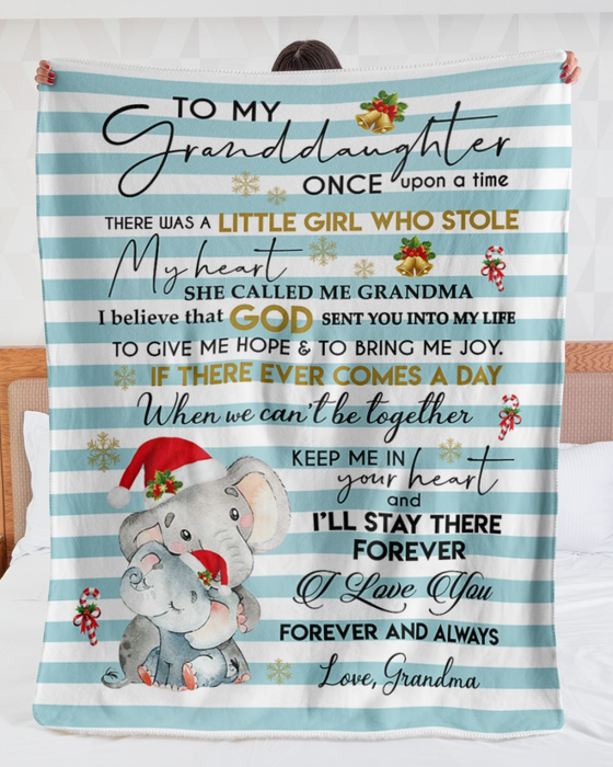Personalized To My Granddaughter Blanket From Grandparents Hugging Blue Cute Elephant Santa Hat Custom Name Xmas Gifts