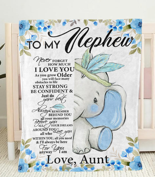 Personalized To My Nephew Blanket From Aunt Cute Baby Elephant & Blue Flower Printed Custom Name Premium Blanket For Boy