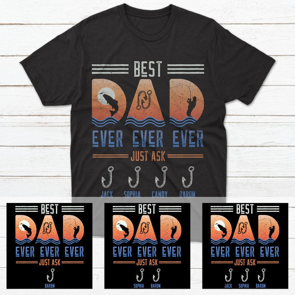Personalized T-Shirt For Fishing Lovers Best Dad Ever Retro Vintage Design Fishing Hook Printed Custom Kids Name