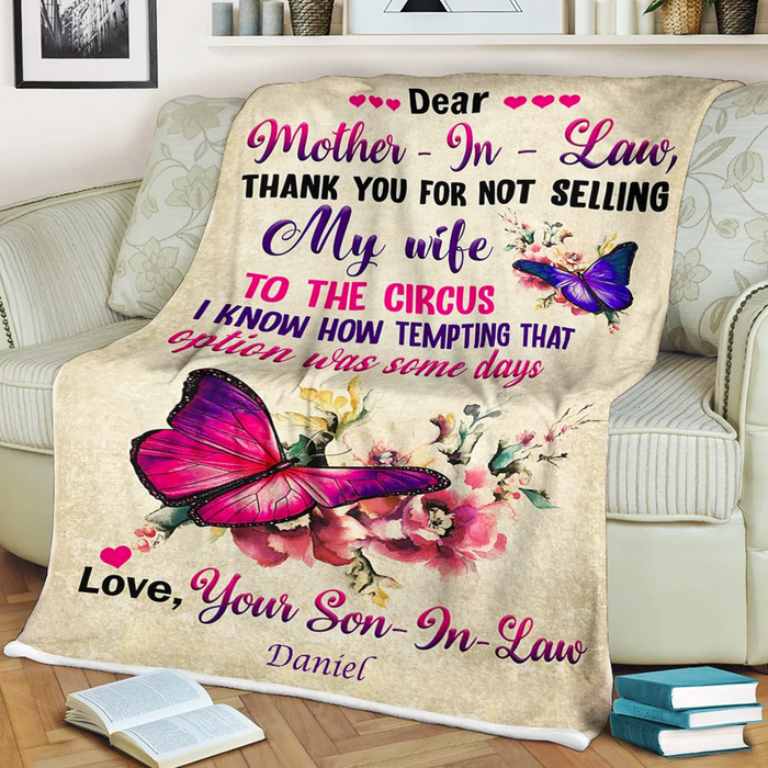 Personalized Blanket Dear Mother In Law Purple Butterfly & Flower Printed Custom Name Blanket For Mothers Day