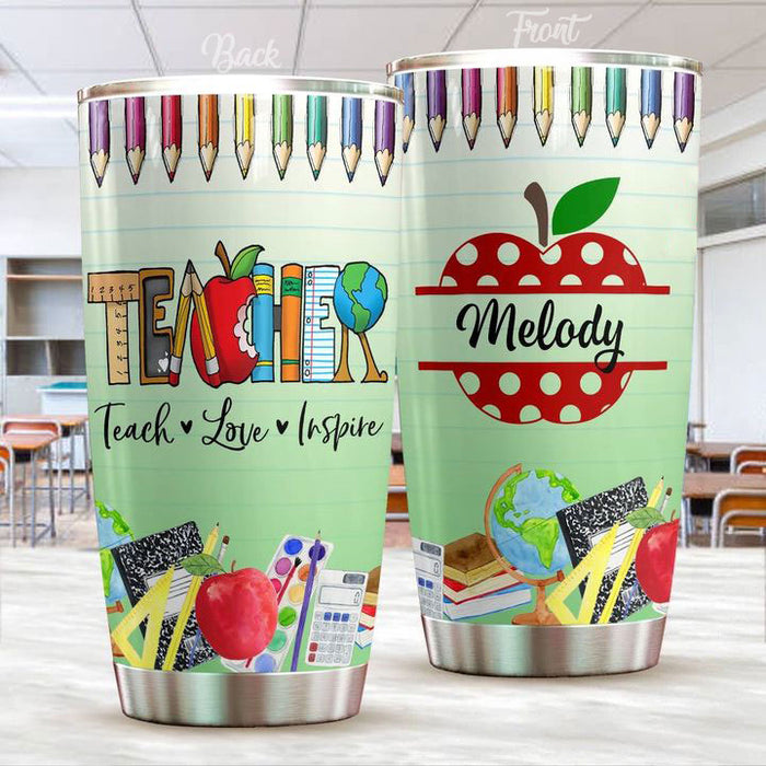Personalized Tumbler Gifts For Teacher Polka Dot Apple Teach Love Inspire Crayons 20oz Cup Custom Name Back To School