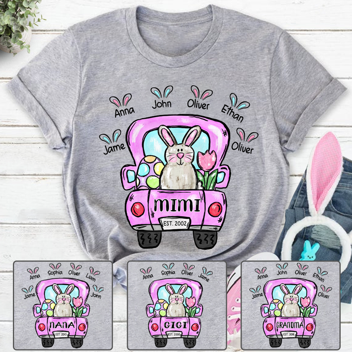 Personalized T-Shirt For Grandma Mimi Est.Year Bunny & Easter Eggs Truck Printed Custom Grandkids Name Happy Easter Day