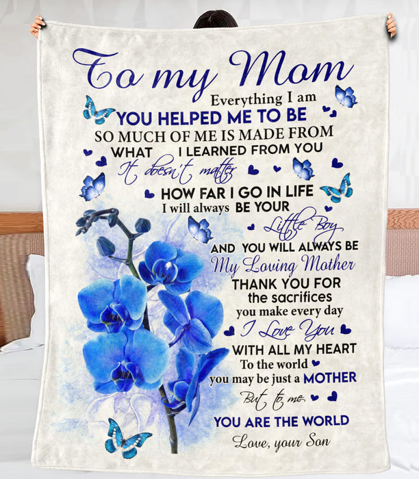 Personalized Blanket To My Mom From Son My Loving Mother Blue Orchid Flower And Butterfly Print Custom Name