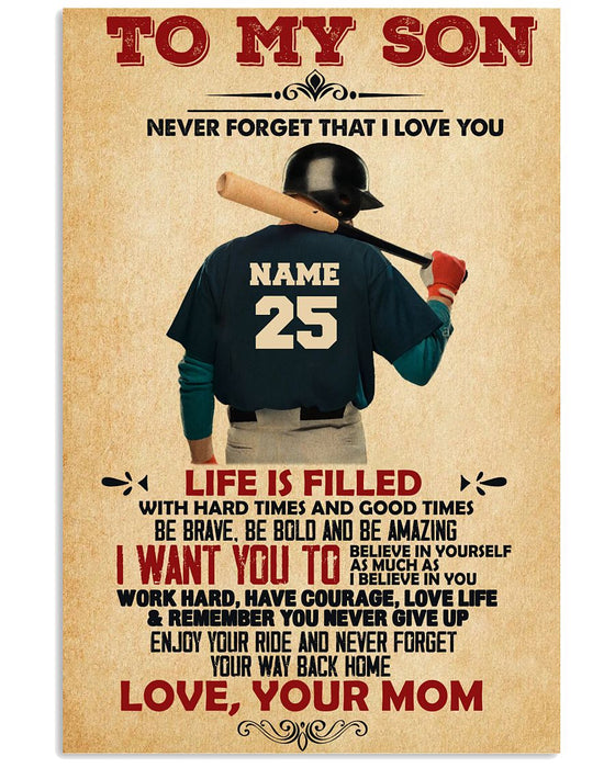 Personalized To My Son Canvas Wall Art Gifts Baseball Player Never Forget That I Love You Custom Name Poster Prints
