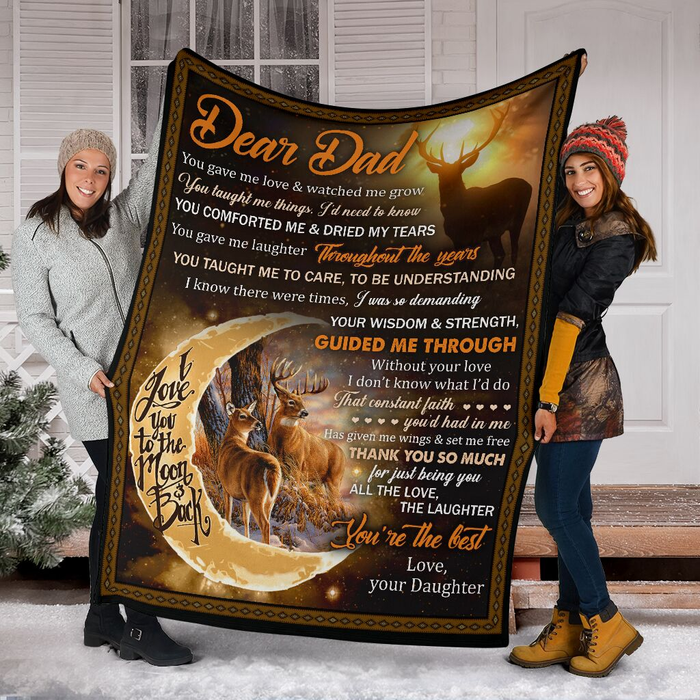 Personalized Blanket To My Dad From Daughter Old & Baby Deer With Crescent Moon Printed Custom Name