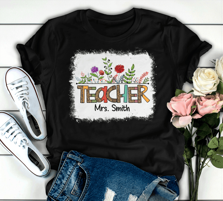 Personalized T-Shirt For Teacher Mrs. Smith Colorful Leopard With Flower Design Custom Name Back To School Outfit