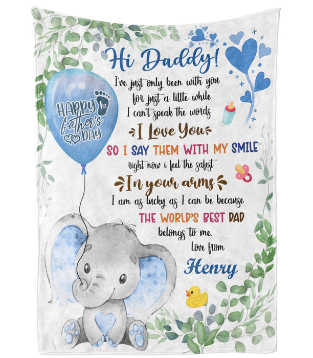 Personalized Blanket To My Dad From Baby Bump Happy First Father's Day Cute Elephant With Balloon Custom Name
