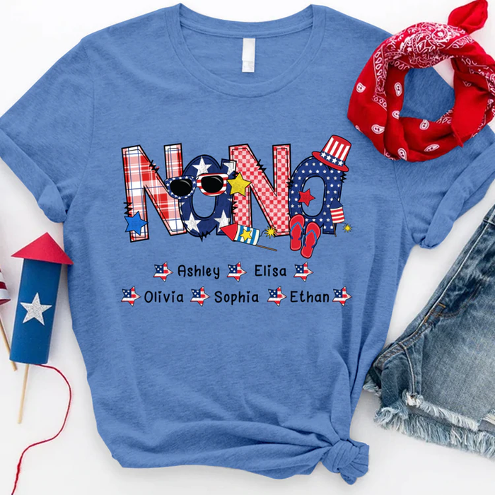 Personalized T-Shirt For Grandma Nana Sunglasses Print USA Flag Design Custom Grandkids Name 4th Of July Shirt