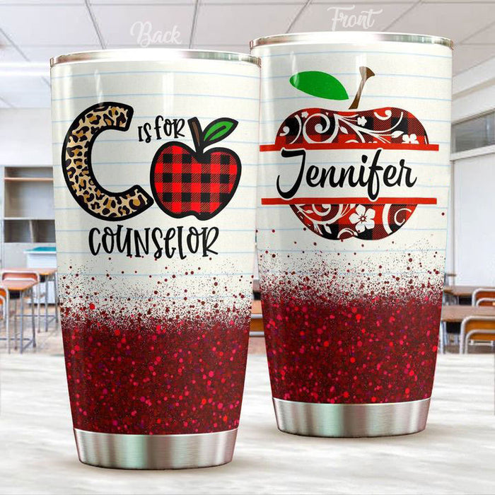 Personalized Tumbler Gifts For Teacher Plaid Apple C Is For Counselor 20oz Travel Cup Custom Name For Back To School