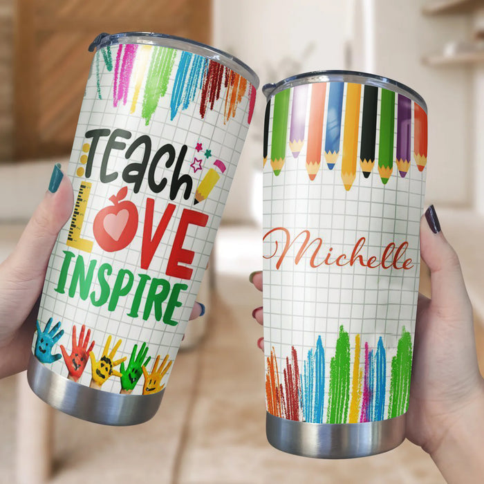 Personalized Travel Tumbler For Teacher 20oz Cup Custom Name Handprints Crayons Teach Love Inspire Back To School Gifts