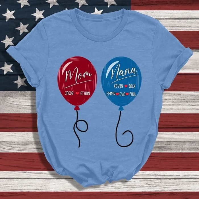 Personalized T-Shirt For Grandma Balloon Printed With Blue Red White Design Custom Kids Name 4th July Day Shirt