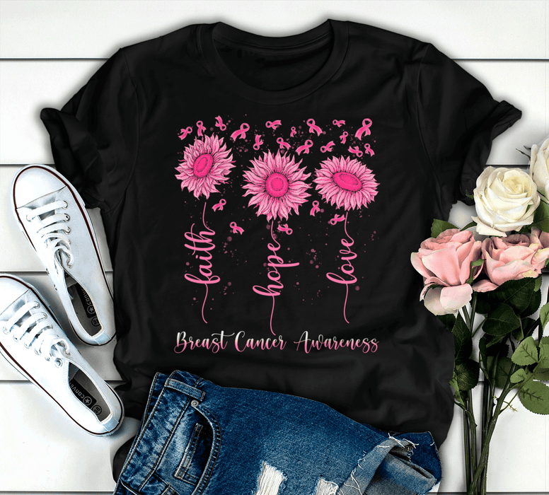 Breast Cancer Awarenes T-Shirt For Girl Women Pink Sunflowers Ribbon Hope Shirt For Cancer Support Inspirational Gifts