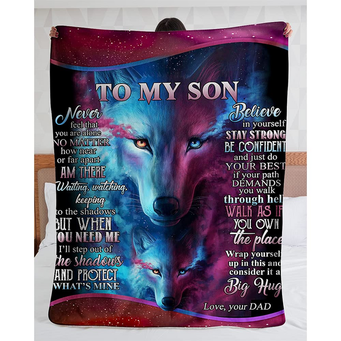 Personalized Fleece Blanket To My Son From Dad Never Feel That You Are Alone Print Old Wolf And Baby