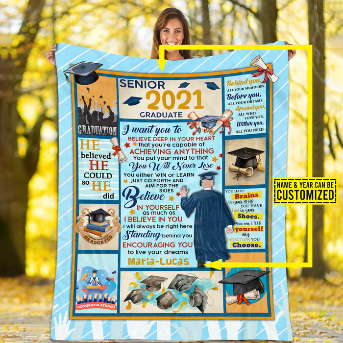 Personalized Graduation Blanket For Son Grandson Senior 2022 Graduate Custom Name & Year He Believe He Could So He Did