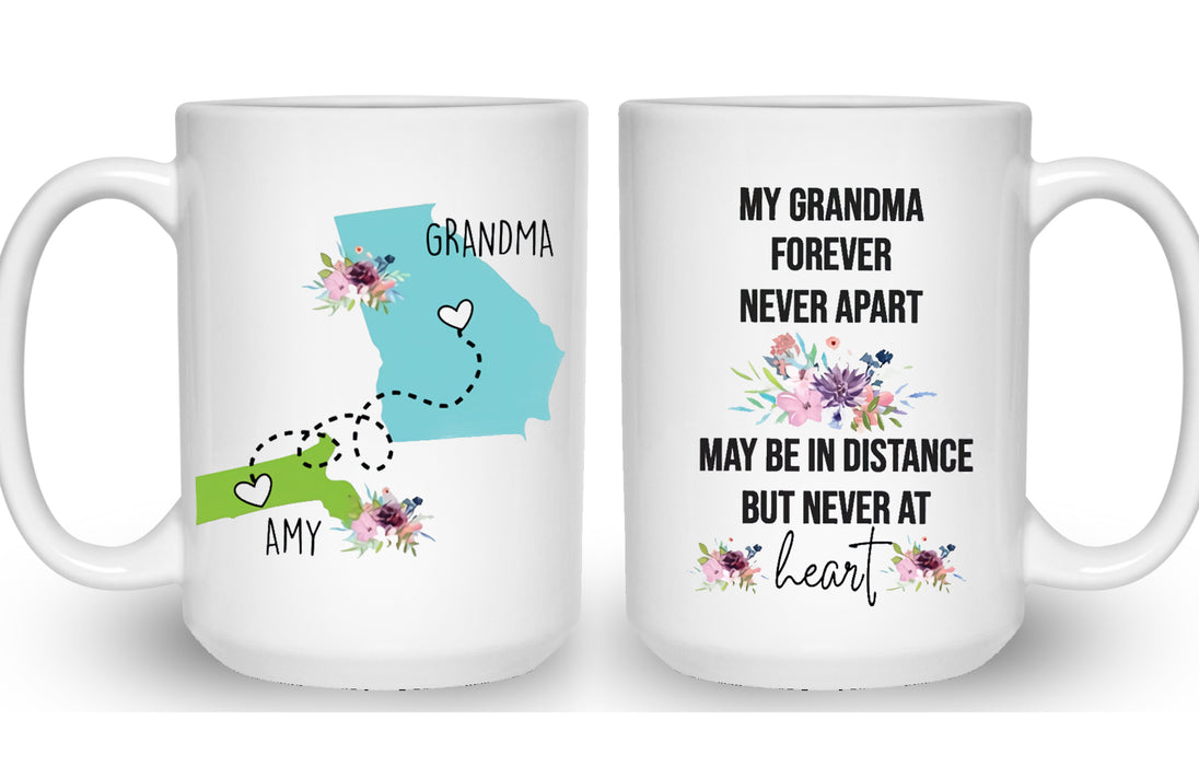 Personalized Coffee Mug For Grandma Colorful Flowers Forever Never Apart Custom Name White Cup Long Distance State Gifts