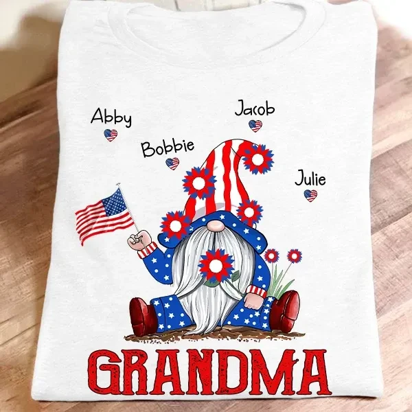 Personalized T-Shirt For Grandma Gnome With America Flag Design Custom Grandkids Name 4th July Day Shirt