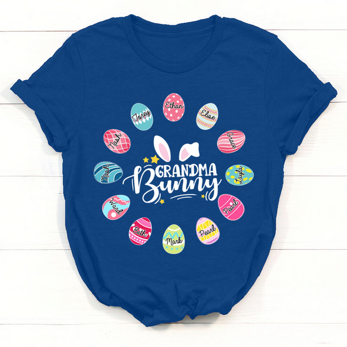 Personalized T-Shirt For Grandma Bunny Colorful Easter Eggs Printed Custom Grandkids Name Happy Easter Day Shirt