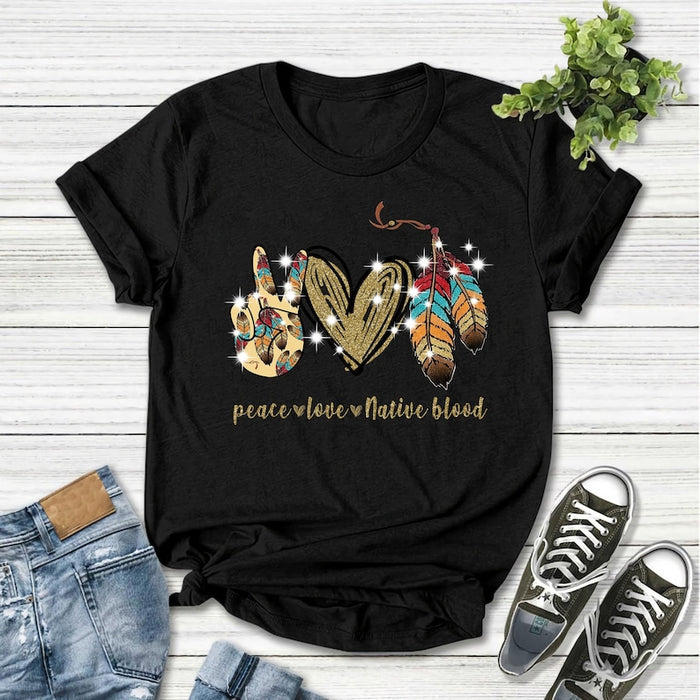 Classic T-Shirt Peace Love Native Blood Shirt Hand Sign Sparkle Heart & Feather Printed Native American Tribe Day Shirt