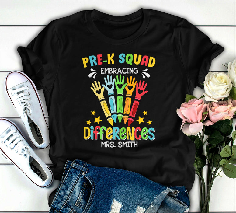 Personalized T-Shirt For Teachers Embracing Differences Colorful Handprint Crayon Custom Name Back To School Outfit