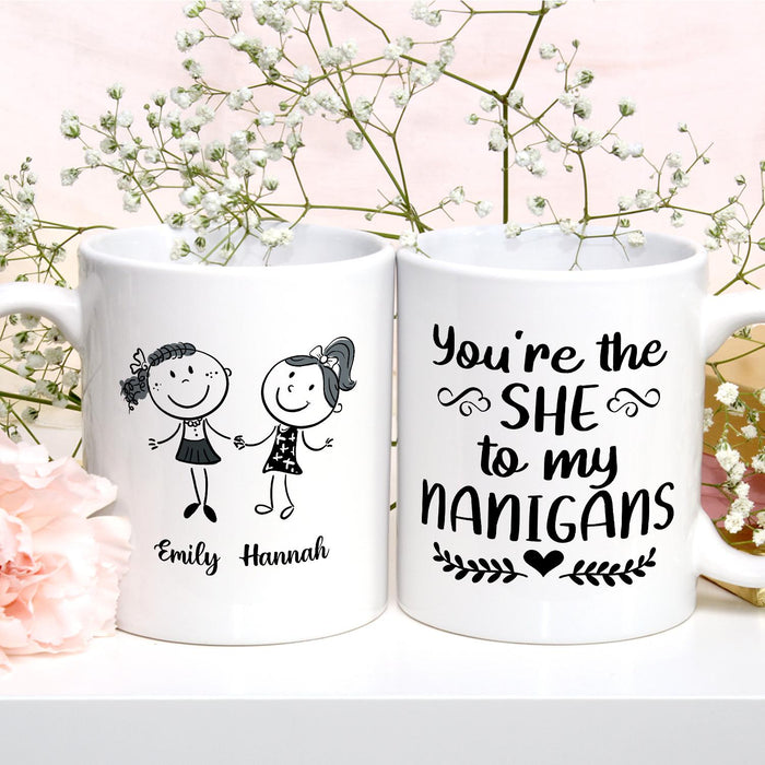 Personalized Ceramic Coffee Mug For Bestie The She To My Nanigans Cute Girls & Heart Print Custom Name 11 15oz Cup