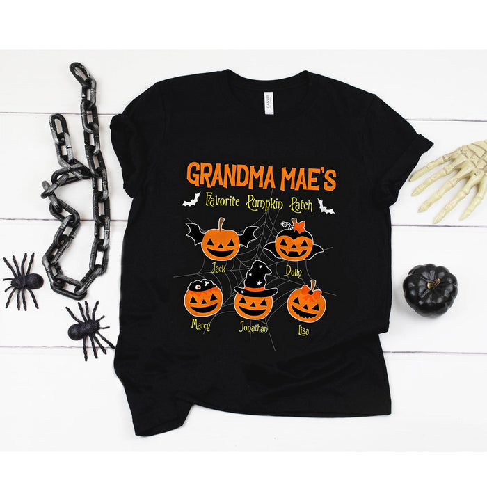 Personalized T-Shirt Grandma Mae's Favorite Pumpkin Patch Cute Pumpkin Bat Printed With Spiderweb Custom Grandkids Name