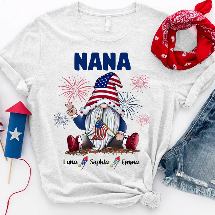 Personalized T-Shirt For Grandma Nana Gnome & Fireworks Print USA Flag Design Custom Grandkids Name 4th Of July Shirt