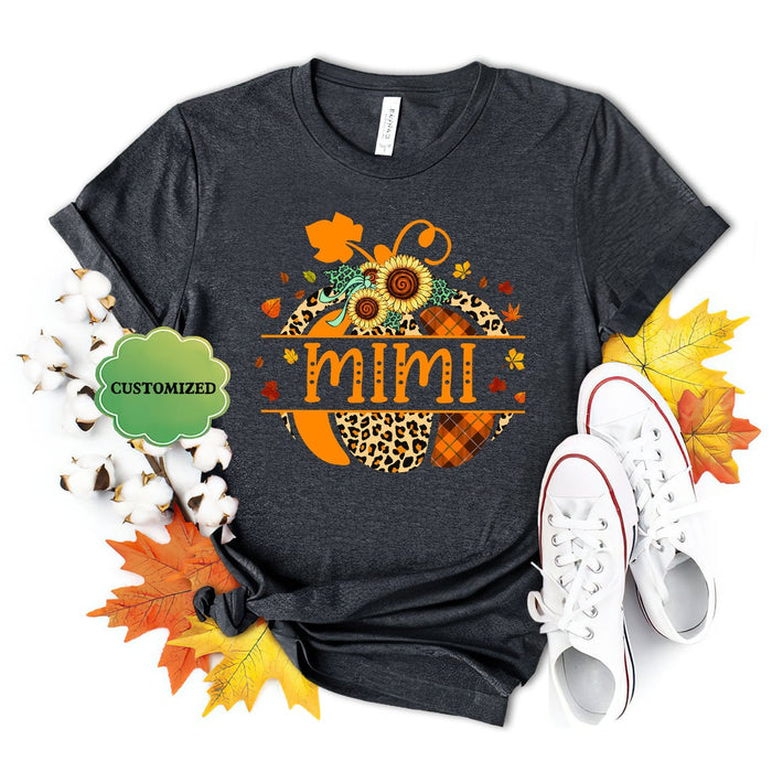 Personalized T-Shirt For Grandma Mimi Pumpkin Shirt Plaid Leopard Design With Sunflower And Leaves Above Fall Shirt