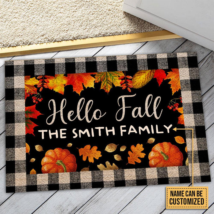 Personalized Welcome Doormat Hello Fall Cute Pumpkin And Maple Leaves Printed Plaid Design Custom Family Name