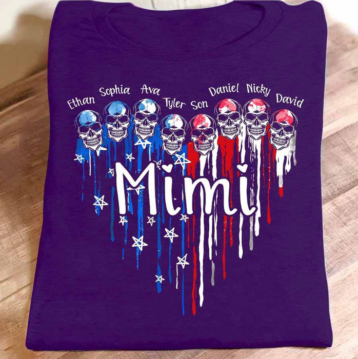 Personalized T-Shirt For Grandma Heart & Skulls With USA Flag Design Custom Grandkids Name 4th July Day Shirt