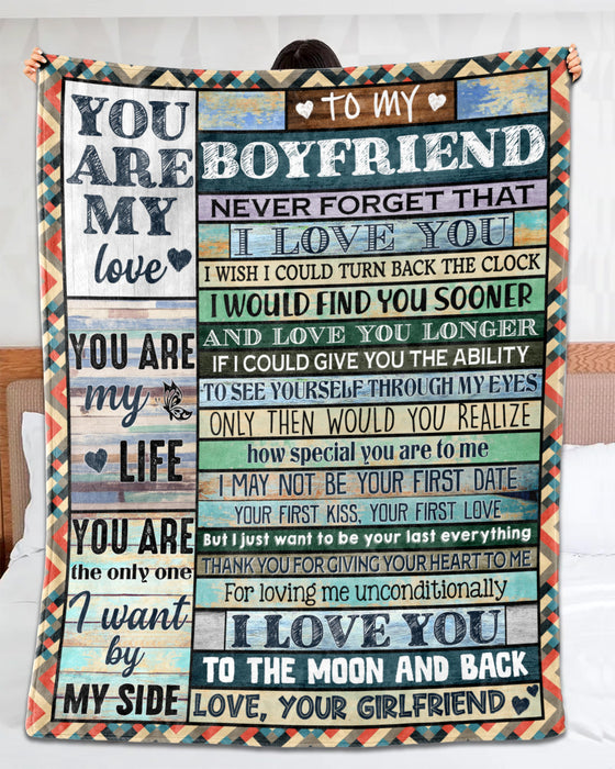 Personalized To My Boyfriend Blanket From Girlfriend Never Forget That I Love You Wooden Background Valentines Blanket