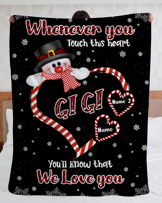 Personalized Xmas Fleece Blanket For Grandma Mom Snowman Candy Cane Heart Design Print Custom Gigi & Grandkids Name