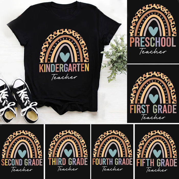 Personalized T-Shirt For Teacher Leopard Boho Rainbow Kindergarten Teacher Custom Grade Level Back To School Outfit