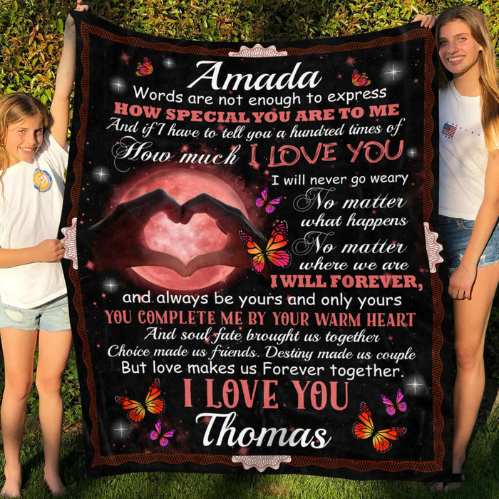 Personalized Valentine Blanket For Couple Butterfly Hand In Hand & Moon Prints Customized Name Love Blankets