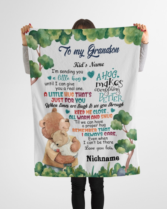 Personalized To My Grandson Blanket From Grandparents Bear I'm Sending You A Little Hug Custom Name Gifts For Birthday
