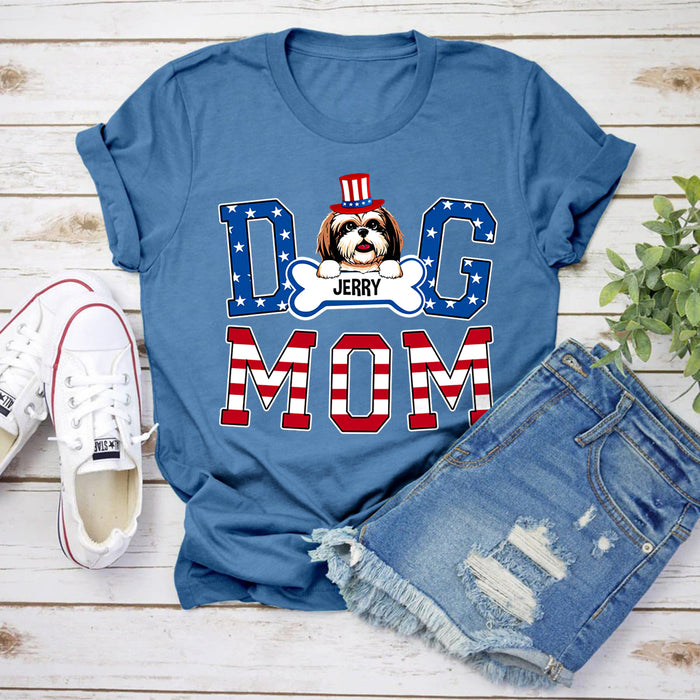 Personalized T-Shirt For Dog Mom USA Flag Design Puppy With Cute Hat Print Custom Dog Name Independence Day Shirt