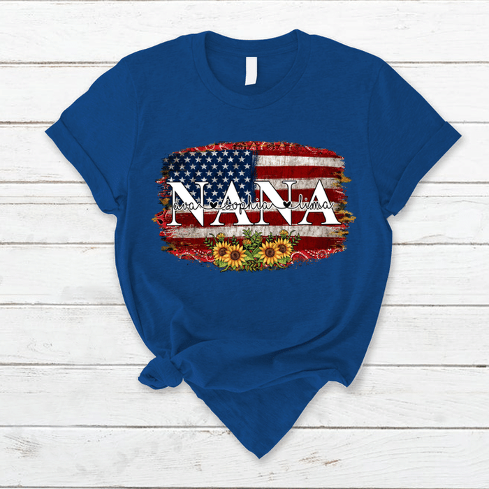 Personalized T-Shirt For Grandma USA Flag And Sunflower Design Printed Custom Grandkids Name 4th Of July Shirt