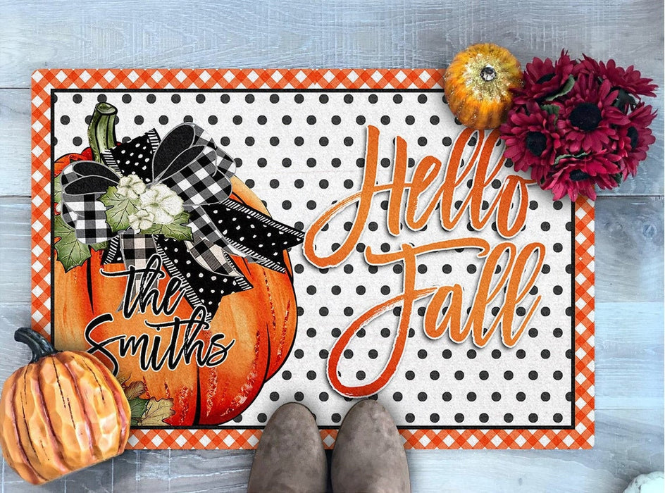 Personalized Welcome Doormat Hello Fall Cute Pumpkin With Flower Printed Polka Dot Plaid Design Custom Family Name