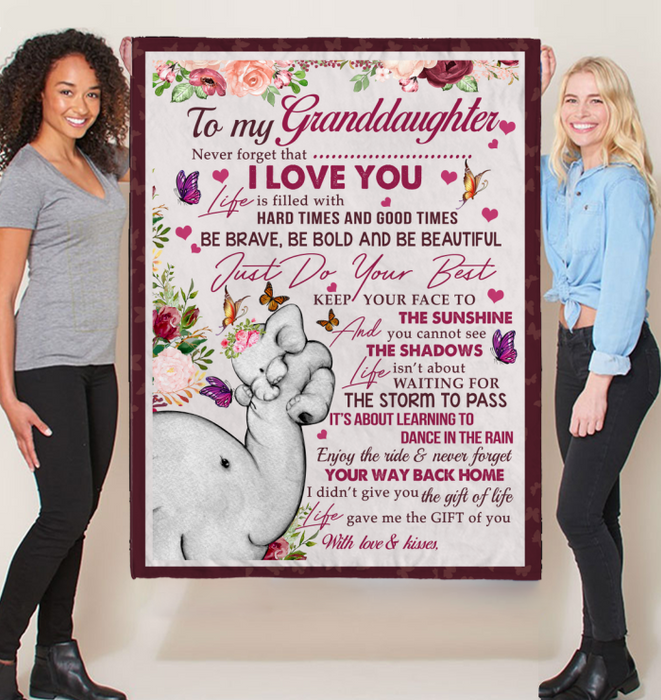 Personalized Fleece Blanket To My Granddaughter Rustic Floral & Elephants Design Print Custom Name Throw Blanket