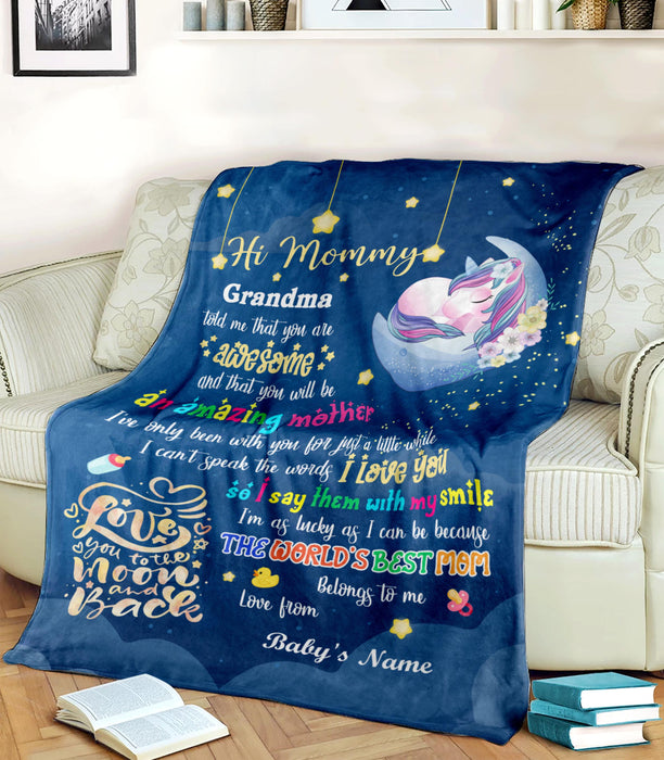 Personalized Hi Mommy Blanket From Newborn Baby Sleeping Unicorn Printed Custom Baby'S Name Love You To The Moon & Back