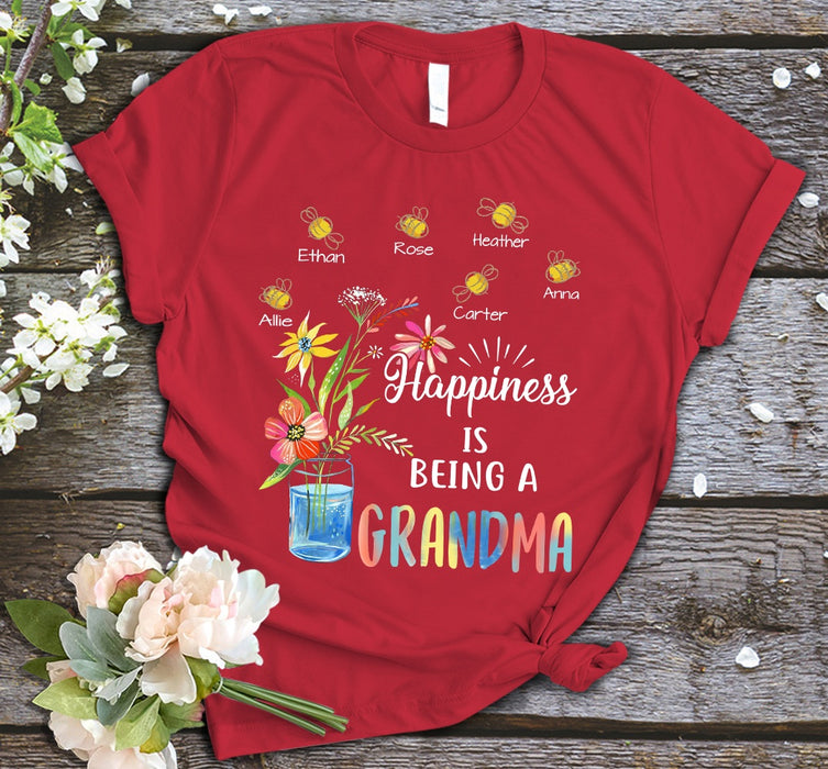 Personalized T-Shirt For Grandma Happiness Is Being Grandma Flower And Bees Printed Custom Grandkids Name Shirt