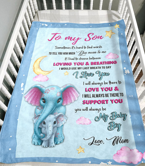 Personalized To My Son Blanket From Mom Cute Elephant Blue Background Premium Blanket You Will Always Be My Baby Boy