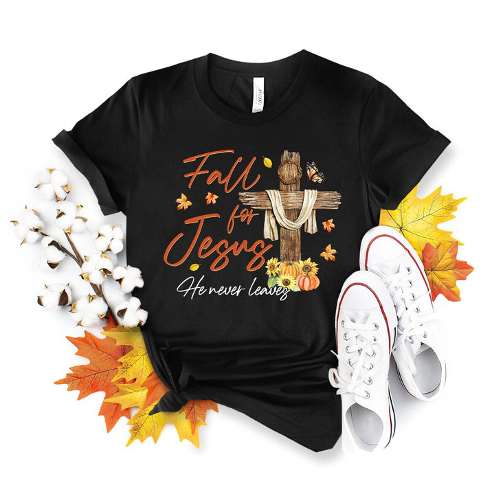 Classic T-Shirt For Christian Fall For Jesus He Never Leaves Christ Cross With Pumpkin Sunflower Butterfly Printed