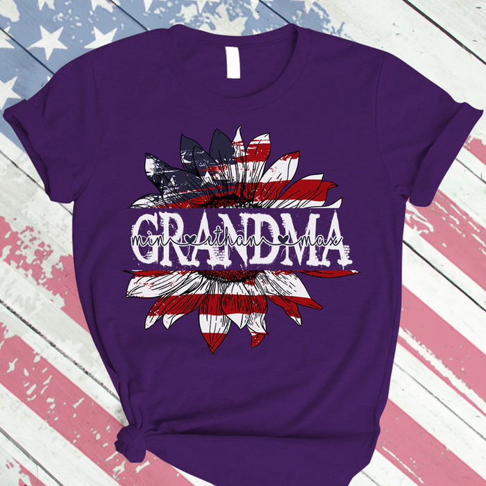 Personalized T-Shirt For Grandma Nana Sunflower American Flag Printed Monogram Design Custom Grandkids Name