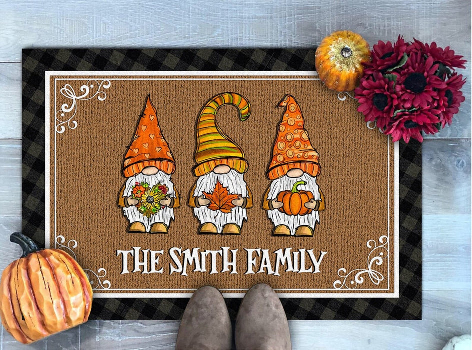 Personalized Welcome Doormat For Fall Lovers Cute Gnome With Pumpkin Sunflower And Maple Leaf Custom Family Name